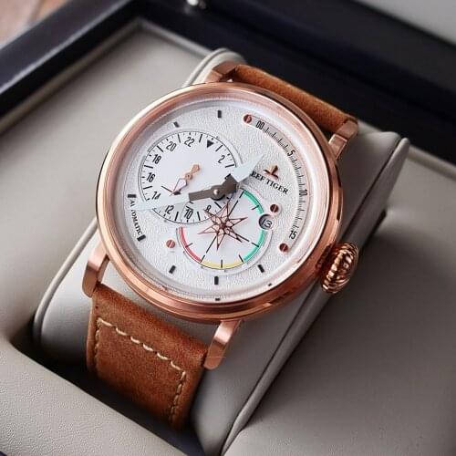 Reef Tiger/RT Mens Pilot Watches for Men Rose Gold White Dial Automatic Watch Military Watches with Date RGA3019