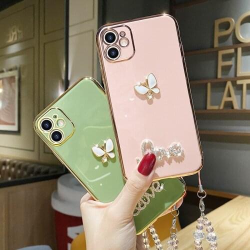 Luxury Electroplated Butterfly Metal Crossbody Chain Soft Case For Iphone 12 Mini 12 Pro 11 Pro X Xr Xs Max 6s 7 8 Plus Se 2020