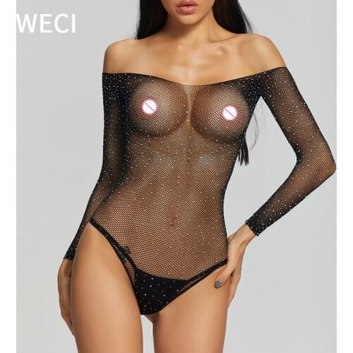 Sexy Metallic Teddies Bodysuit Women Mesh Tights Diamond Bodystocking With Rhinestones Sparkles Nylon Shiny Beautiful Underwear