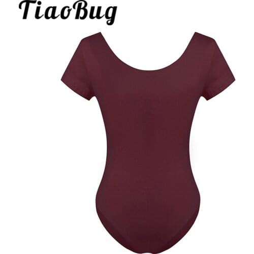 TiaoBug Women Short Sleeve Stretchy Gymnastics Ballet Leotard Adult Built-in Bra Lining Gym Sports Bodysuit Practice Dance Wear