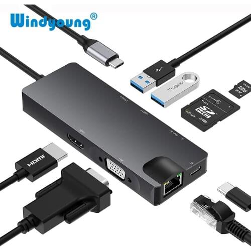 USB C Hub Type C to Multi 2 USB 3.0 4K HDMI VGA Gigabit RJ45 SD TF Card Reader PD Charging Adapter Splitter for Laptop Macbook