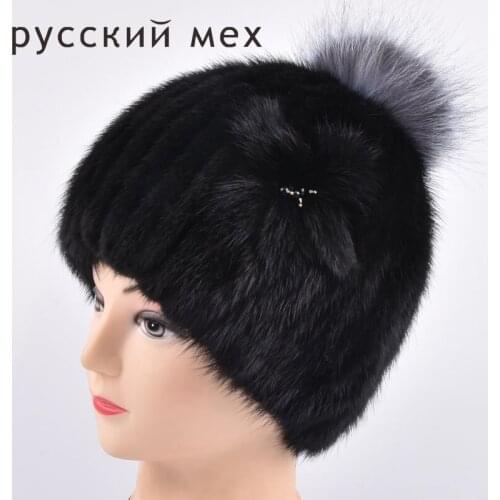 Women mink knitting fur and silver fox fur hat winter warm Fashion womens real mink fur Fox ball knitted hat fur pom poms