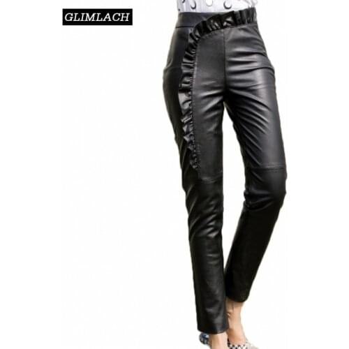 Women Genuine Leather Pants Ruffles Harajuku Sheepskin Real Leather Trousers New Slim High Waist Ankle-Length Lady Pencil Pants