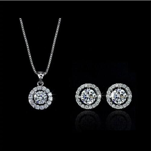 Classic Female White Crystal Jewelry Set Charm Gold Silver Color Stud Earrings For Women Dainty Round Wedding Chain Necklace