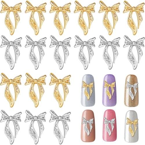100pcs/ Set 3D Nail Art Bowknot Design Gold/Silver Bow Decals Diy Alloy & Rhinestone Nail Tips Decoration