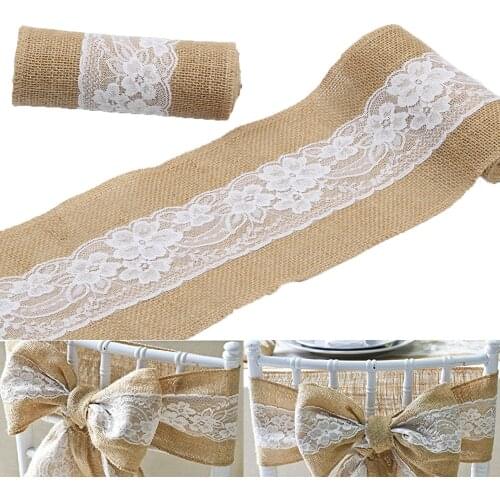15cm x 240cm Jute Burlap Lace Hessian Natural Elegant Burlap Chair Sashes Jute Chair Tie Bow for Rustic Wedding Decor