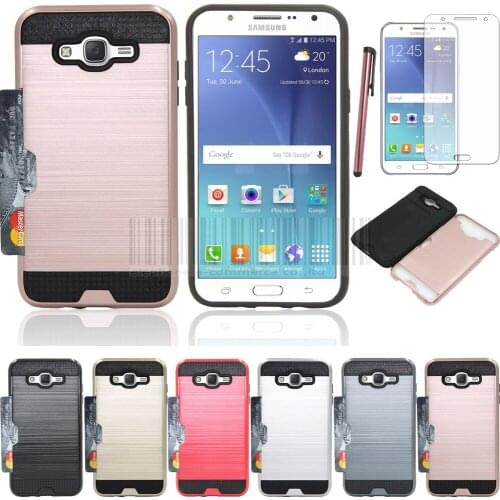 2in1 Hybird Brush Armor Card Holder Shokcproof Protective Case Cover With Stylus+Films For Samsung Galaxy J7 J700 J700F J700H