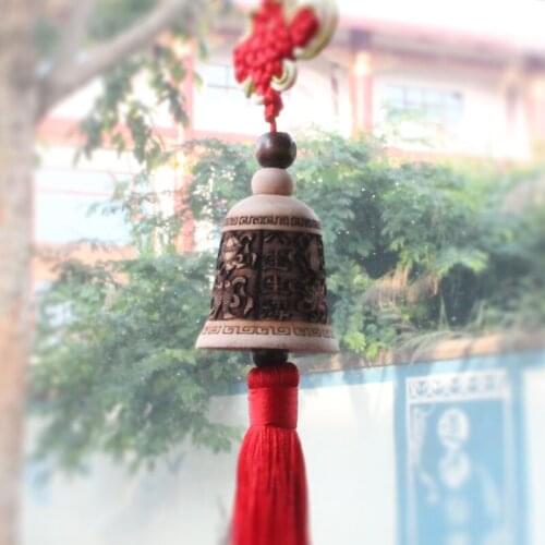 Wood Carved Bell To Ward Off Bad Luck Be Safe Car Rearview Mirror Hanging Pendant Interior Decor Ornament Car Styling Accesories