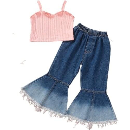2-6Y Toddler Kids Baby Girl Camis Tops Denim Flared Pant Bell Bottom Jeans 2PCS Girls Summer Clothing Set