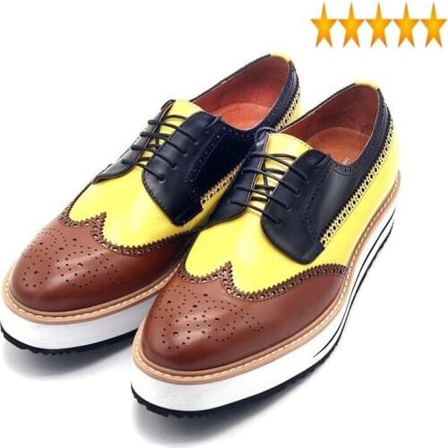 Designer Platform Real Leather Men Brand Brogues Height Increasing Derby Lace Up Cowhide Office Casual Shoes Plus Size 45