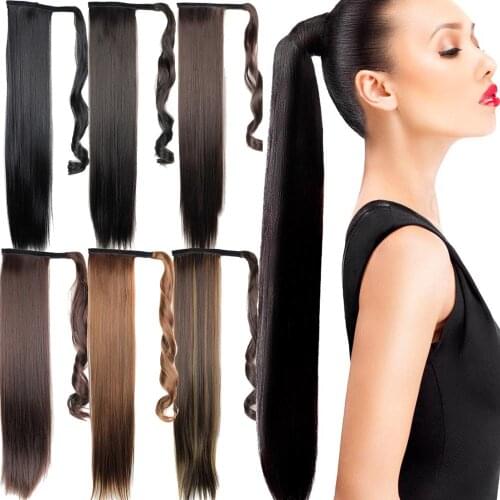 Long Straight Wrap Around Clip In Ponytail Hair Extension Heat Resistant Synthetic Pony Tail Fake Hair For Women