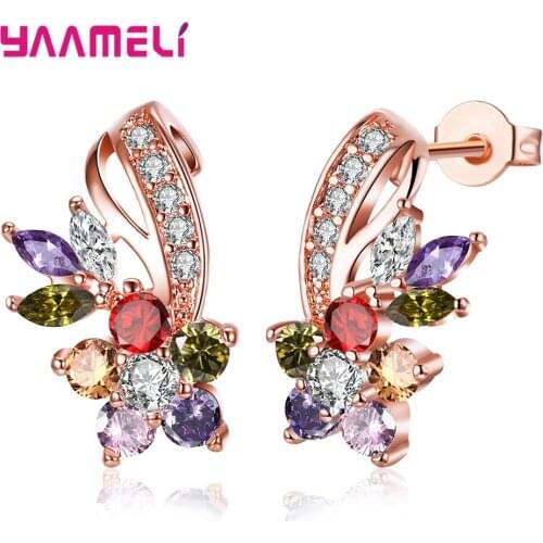 Hot Sale Shining Cubic Zircon Earrings S925 Sterling Silver Colorful Austrian Crystal Flower Leaf Original Design Jewelry