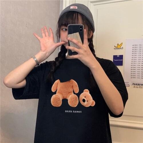Gothic cartoon letter bear print Japanese Harajuku tops cute fashion casual sweet short-sleeved Ulzzang bf Vintage loose T-shirt