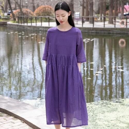 Johnature Women Dress Cotton Linen Vintage Simple Skirt 2021 Summer New Solid Color Short Sleeve Dress