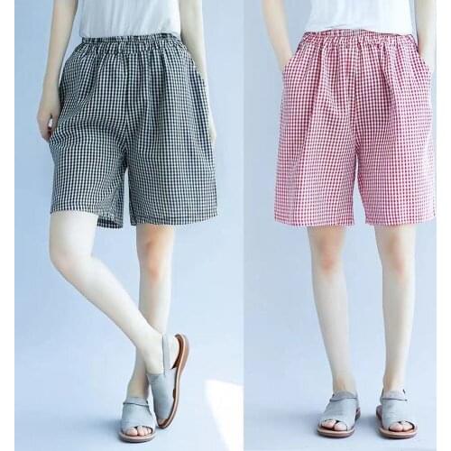 Plaid Pajama Shorts Pants Women Summer Unisex Sleepwear Cotton Pajamas Soft Lounge Knee -length Loose Home Shorts Cute Bottoms