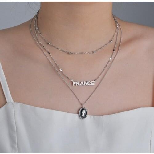 Fashion Stainless Steel Multi Layer Long Necklace For Women France Queen Pendant Choker Necklace Collars Statement Necklace