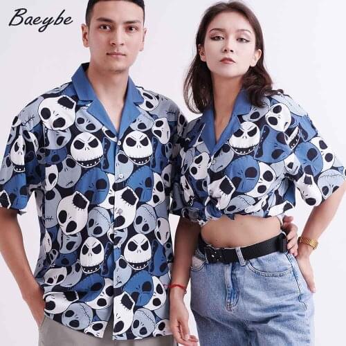 Fashion White Skull Print Shirts Casual Hawaii Shirt For Sisters&Brothers Streetwear Unisex Couple Short Sleeve Beach Wear