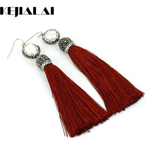 Kejialai Fashion Tassel Long Earrings Pearl Charm Pave Rhinestone Red Tassel Fringe Bohemian Jewelry Women Wedding Best Gifts