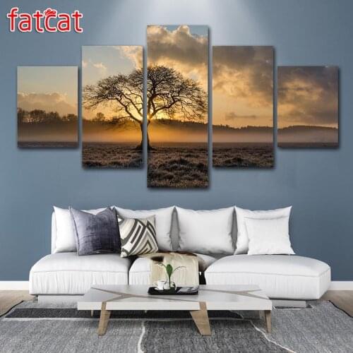 FATCAT Diy Diamond Painting 5 Panel Sunrise Tree Landscape Needlework Decorative full Square Round Diamond Embroidery Sale AE767
