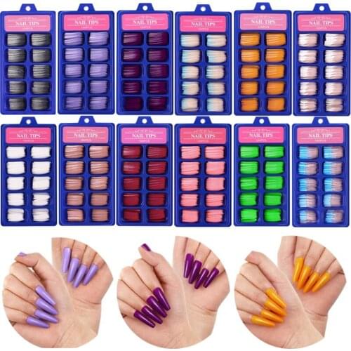 100 Pcs Ballerina Fake Nails Colorful Solid Color Full Cover Long DIY Nail Decor Manicure Accessories for Girls and Women