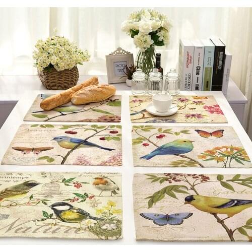 Rural Cartoon Bird Non-slip insulation Placemat coaster for table dinner Table Mats cotton linen Pads Home Decor 42*32cm 0005