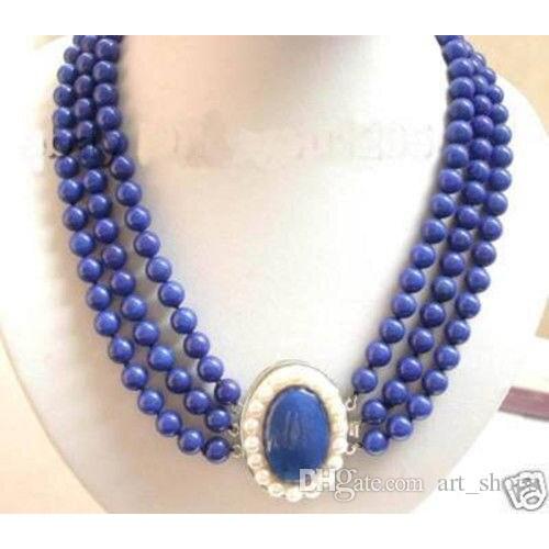 Charming Jewelry 3Row Real Lapis Lazuli white pearl clasp Necklace