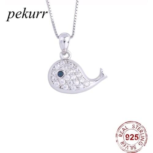Pekurr 925 Sterling Silver Crystal Cute Whale Dolphin Necklace For Women CZ Aquatic Creatures Pendants Party Fashion Jewelry