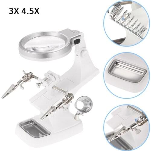 Helping Third Hand Tool Soldering Stand With 3X 4.5X Welding Magnifying Glass LED Adjustable 2 Alligator Clips 360 Degree Rotate