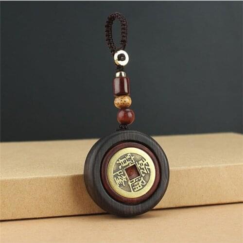 Natural Ebony Red Sandalwood Wooden Rotatable Copper Coin Pendant Keychain Chinese Enhance Fortune Key Ring Chain Car home Decor