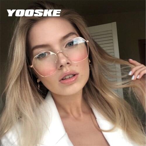 YOOSKE Clear Glasses Frames Women Retro Metal Polygon Eyeglasses Womens Gradient Pink Optical Frame Spectacles Hollow Design