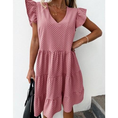 New 2020 Summer Sundress Women Dot Boho Dress Casual Ruffles Sleeves V-neck Party Vestidos Fashion Elegant Knee-Length Dresses