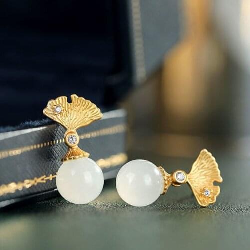 Natural Hetian Jade Apricot Leaf Stud Earrings Inlaid S925 Pure Ginkgo Leaf Simple Temperament Bean-Shaped Stud Earrings Fashion