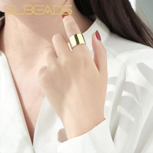 Subeads 925 Sterling Silver Big Wide Finger Ring Girls Metal Round Geometric Charm Adjustable Size Jewelry Rings For Women Gifts