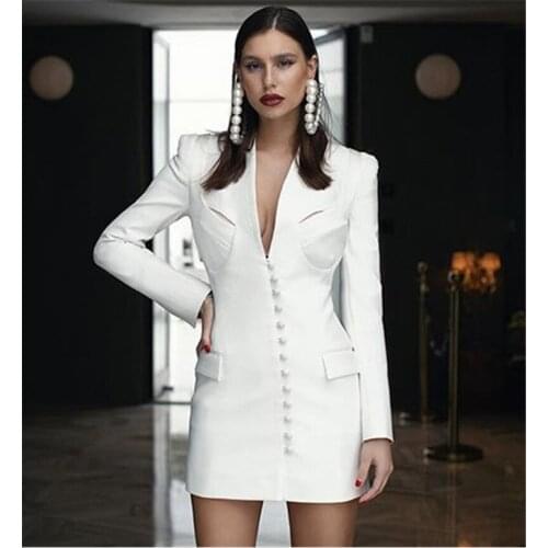High Quality Autumn New Sexy Deep V Neck Full Sleeves Button Mini Bodycon Blazer Dress 2020 Celebrity Designer Party Dress Vesti