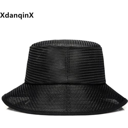 XdanqinX Summer Mens Panama Bucket Hats Oversized Hollow Breathable Mesh Caps Womens Ventilated Beach Hat Couples Fishing Cap