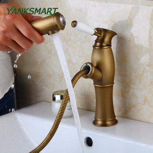 YANKSMART Deck Mount Antique Brass Diamond Pull Out Wash Head Vessel Mixer Tap Water Faucet Bathroom Faucets Bain Sink Tap