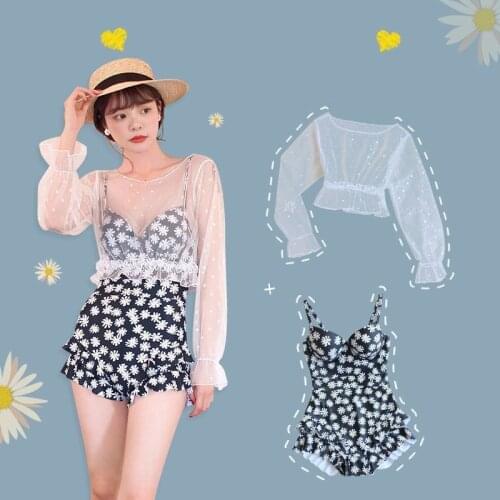 Swimsuit Woman One Piece Push Up 2021 New Daisy Printed Hot Spring Blouse Conservative Cover Belly Slim Sexy Student Swimwear