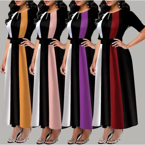 Plus Size Dress Women Elegant Short Sleeve Patchwork Print Party Dresses 2021 Summer New Slim Fashion Color Contrast Femme Robe