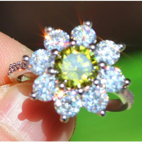 2 Colors Original Design Snowflake Promise Ring Luxury Princess Cut Huge Green Zircon Natural Gemstones White Olivine Lady Ring