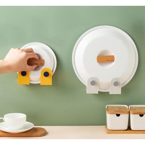 2Pcs Wall Mounted Pot Lid Holder Rack Self-Adhesive Lid Hanging Kitchen Organizer Storage Shelf Adjustable Hooks Cooking Tool