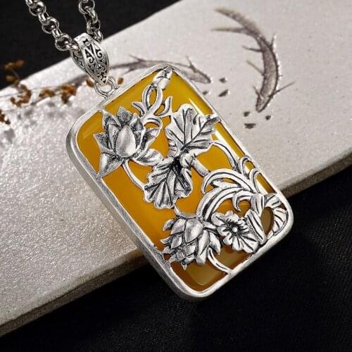 2018 Hot Sale Direct Selling Coin, Antique, Matte, Lotus, Mosaic Chalcedony, Pomegranate, Silver, Long Sweater Chain Pendant