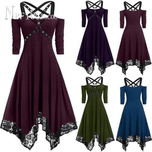 2021 New Punk Style Solid Color Women Dress Plus Size Lace Irregular Female Dresses