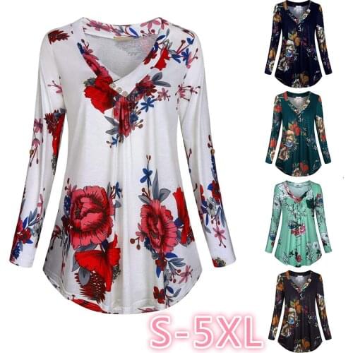 5XL Plus Size Women Tunic Shirt Women Plus Size Long Sleeve Print V-neck Blouses Button Pullover Tops Shirt Tops With Button