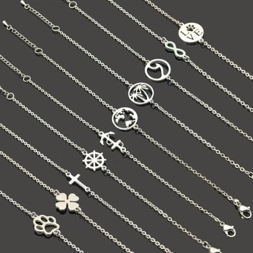 High Quality Cross World Map Charm Stainless Steel Chain Bracelet Stainless Steel Pendant Chain Bracelet for Women Jewelry