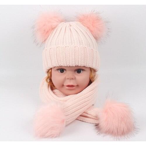 The new childrens double feather knit hat + scarf fashion pompon decoration baby winter hat