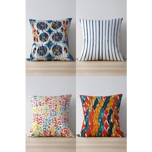 Double Side Printed Blue Ikat Pattern 4'Lü Suede Pillow Decorate Case Good Quality Stylish Home Garden Room Kitchen Gift Convenient Decorative Modern