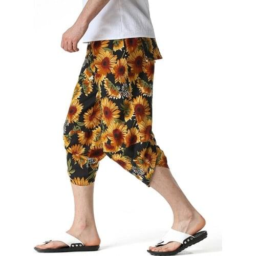 Mens Summer Cotton Linen Joggers Sweatpants 3D Floral Print Cropped Trousers Men Harajuku Streetwear Jogging Pants Men Pantalon