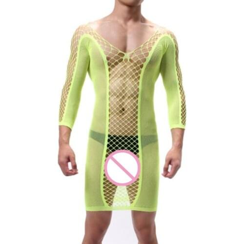 Exotic Sleepwear Men Nightwear Sexy Costumes Adult Long sleeves Underwear Hollow Lingerie Babydolls for Male Stretchy NightDress