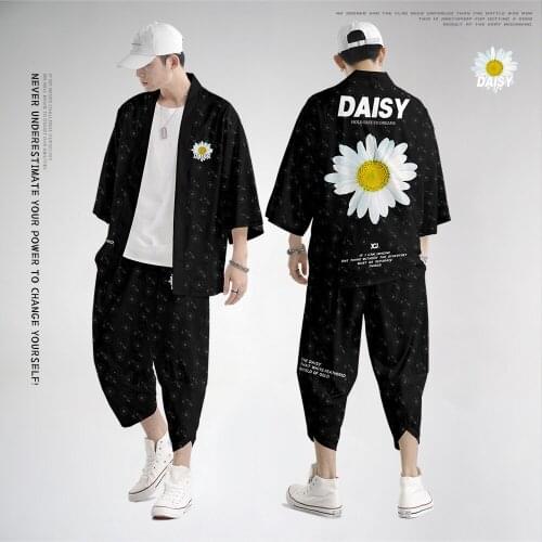Vintage Japanese Style Kimono Haori Pants Set Daisy Printed Traditional Harajuku Streetwear Samurai Cardigan Costume Yukata