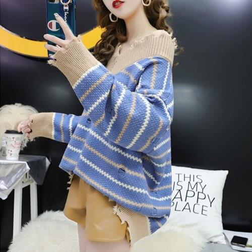 Korean Version of the V-neck Sweater Female 2019 New Autumn Striped Loose Slim Long-sleeve Pullover Sweater Womens Clothing